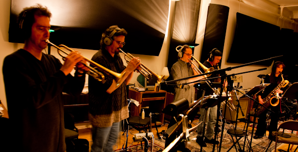 Hornheads in the studio while recording their third CD "Fat Lip" available at hornheads.com